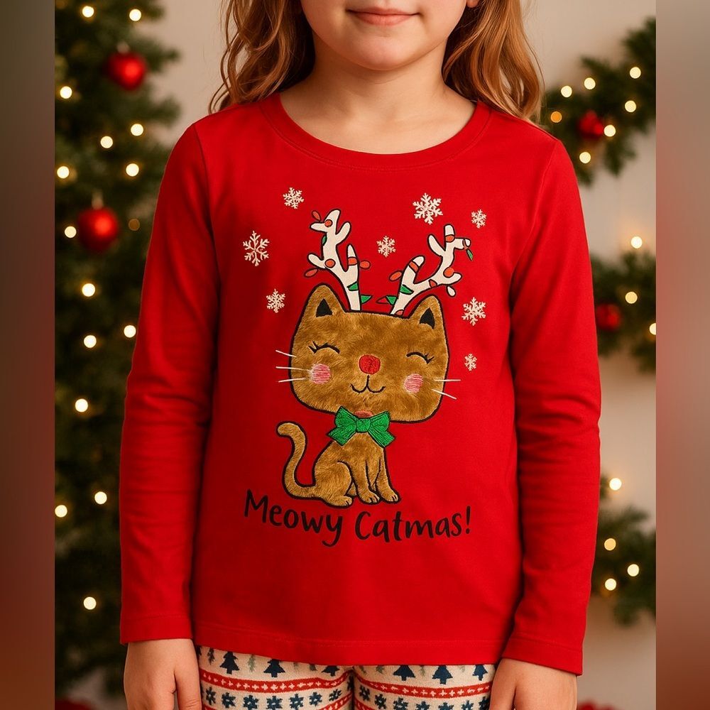 Mix & Match Girls 6 Christmas Shirt Meowy Catmas Cat Reindeer Long Sleeve